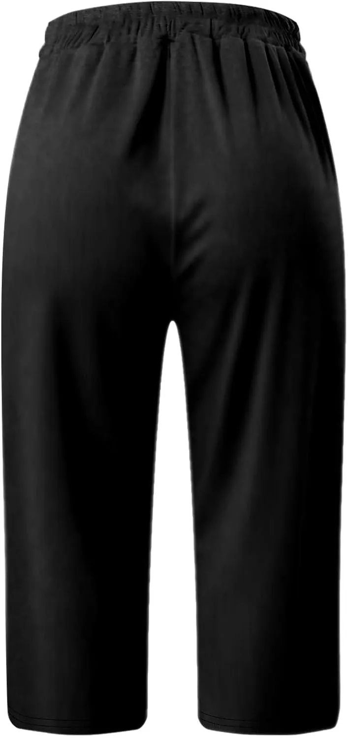 Capris Leggings with Pockets for Women Soft Tummy Control Knee Length Comfy Lounge Pants Drawstring Breathable Bermuda Shorts