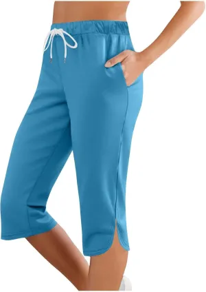 Capris Leggings with Pockets for Women Soft Tummy Control Knee Length Comfy Lounge Pants Drawstring Breathable Bermuda Shorts
