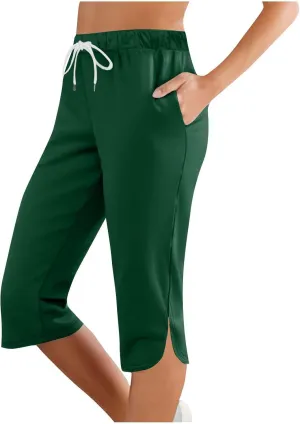 Capris Leggings with Pockets for Women Soft Tummy Control Knee Length Comfy Lounge Pants Drawstring Breathable Bermuda Shorts