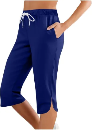 Capris Leggings with Pockets for Women Soft Tummy Control Knee Length Comfy Lounge Pants Drawstring Breathable Bermuda Shorts