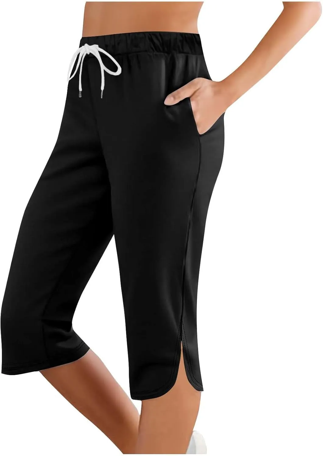 Capris Leggings with Pockets for Women Soft Tummy Control Knee Length Comfy Lounge Pants Drawstring Breathable Bermuda Shorts