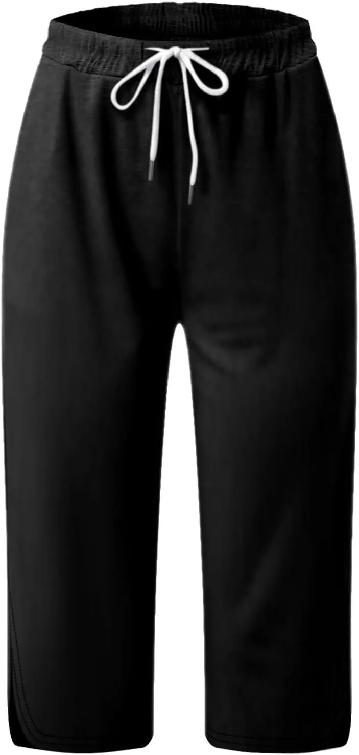 Capris Leggings with Pockets for Women Soft Tummy Control Knee Length Comfy Lounge Pants Drawstring Breathable Bermuda Shorts