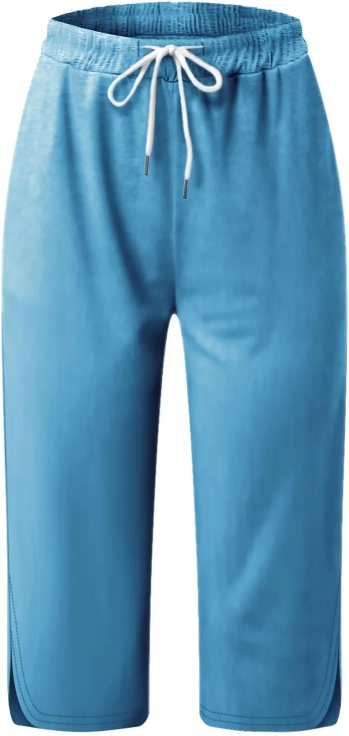 Capris Leggings with Pockets for Women Soft Tummy Control Knee Length Comfy Lounge Pants Drawstring Breathable Bermuda Shorts