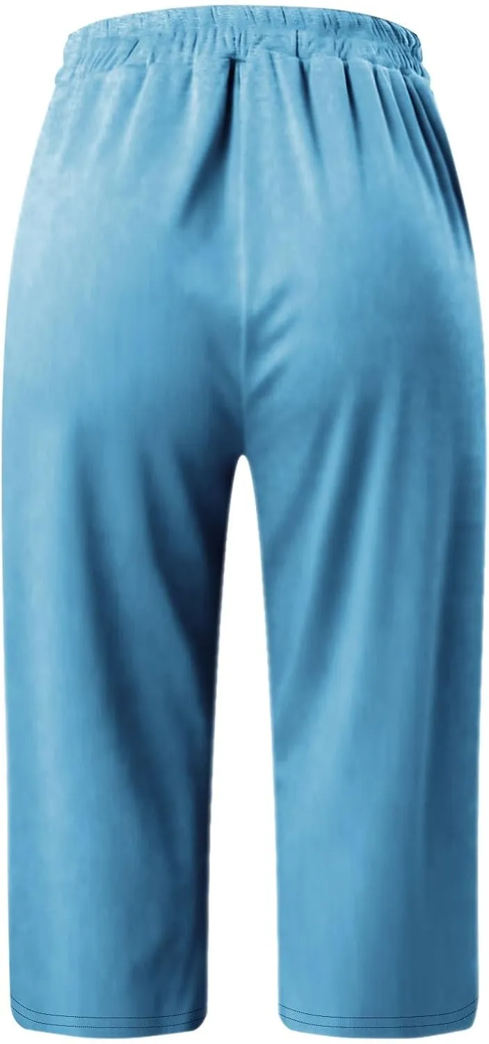 Capris Leggings with Pockets for Women Soft Tummy Control Knee Length Comfy Lounge Pants Drawstring Breathable Bermuda Shorts