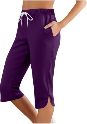 Capris Leggings with Pockets for Women Soft Tummy Control Knee Length Comfy Lounge Pants Drawstring Breathable Bermuda Shorts