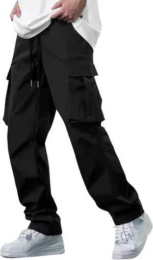 Cargo Sweatpants for Men Open Bottom Lightweight Hiking Pants Workout Casual Baggy Drawstring Joggers with Pockets