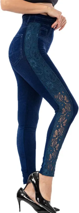 Casual Leggings for Women Simulation Jeans High Waist Printed Lace Hollow Tummy Control Butt Lifting Pants Cutout Workout Stretch Compression Patterned Tights Fitness business long out E82-Blue