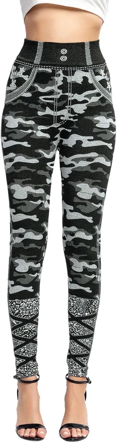 Casual Leggings for Women Simulation Jeans High Waist Printed Tummy Control Butt Lifting Pants Causal Elastic Waist Fitness Compression Athletic size two business Camouflage Camo M63-Grey