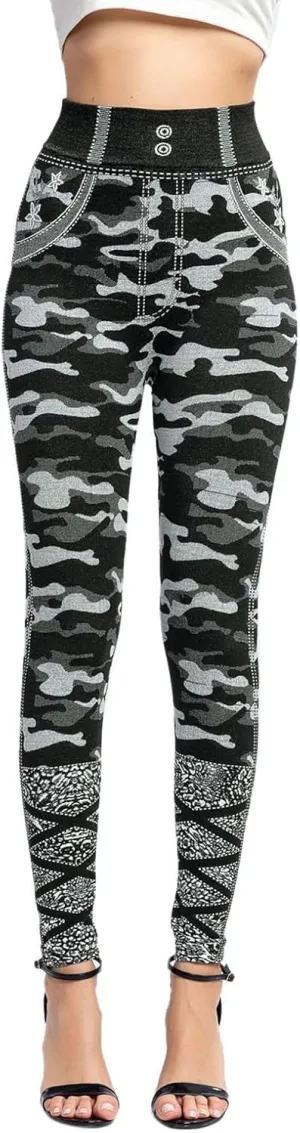Casual Leggings for Women Simulation Jeans High Waist Printed Tummy Control Butt Lifting Pants Causal Elastic Waist Fitness Compression Athletic size two business Camouflage Camo M63-Grey