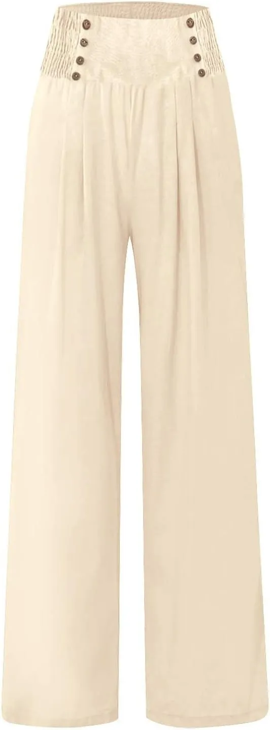 Comfy Pants Women Casual Long Elastic Waist Lounge Trousers Wide Leg Relax Fit Linen Vacation Palazzo Sweatpants