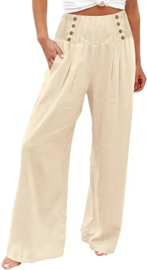 Comfy Pants Women Casual Long Elastic Waist Lounge Trousers Wide Leg Relax Fit Linen Vacation Palazzo Sweatpants