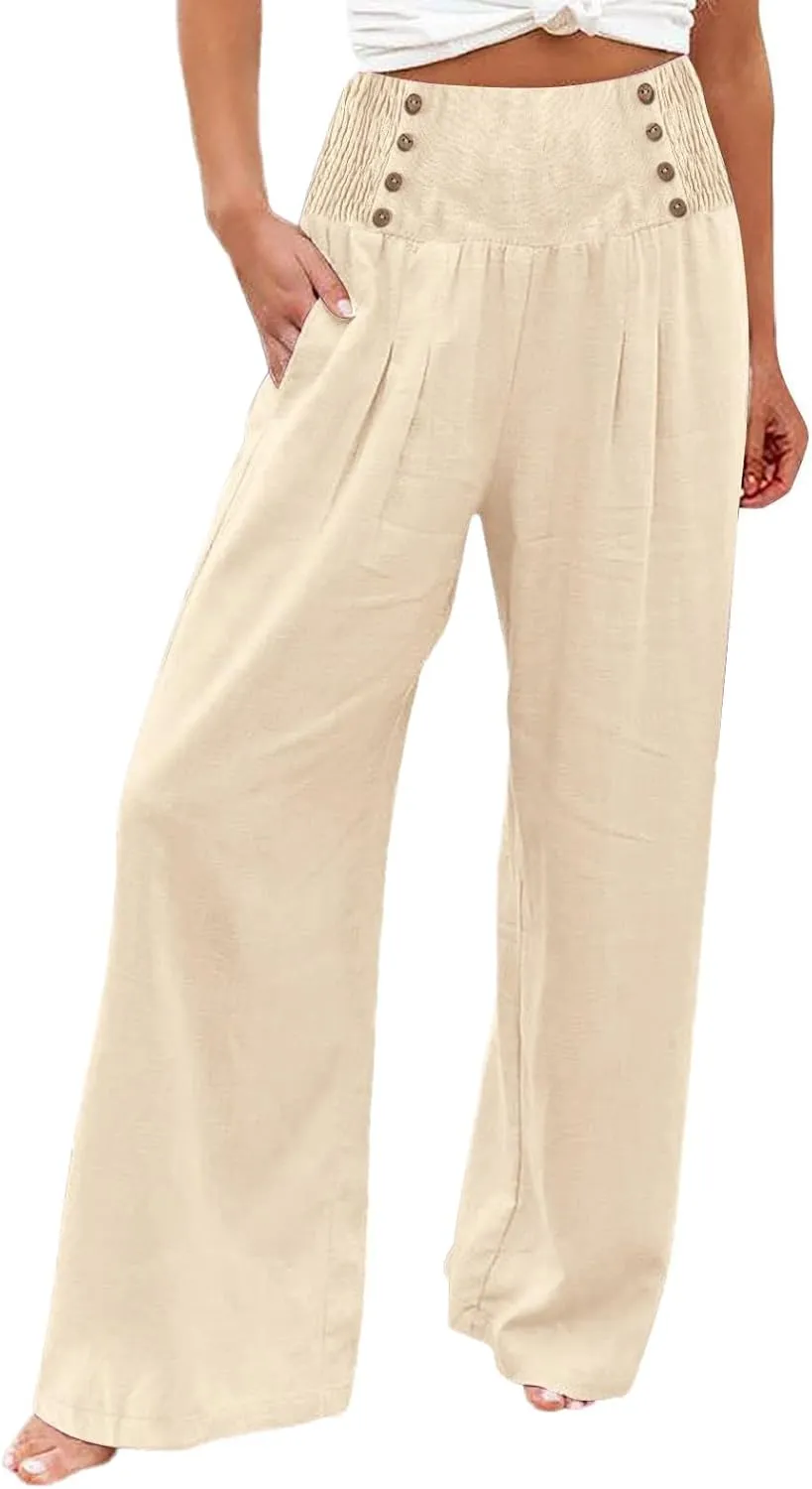 Comfy Pants Women Casual Long Elastic Waist Lounge Trousers Wide Leg Relax Fit Linen Vacation Palazzo Sweatpants