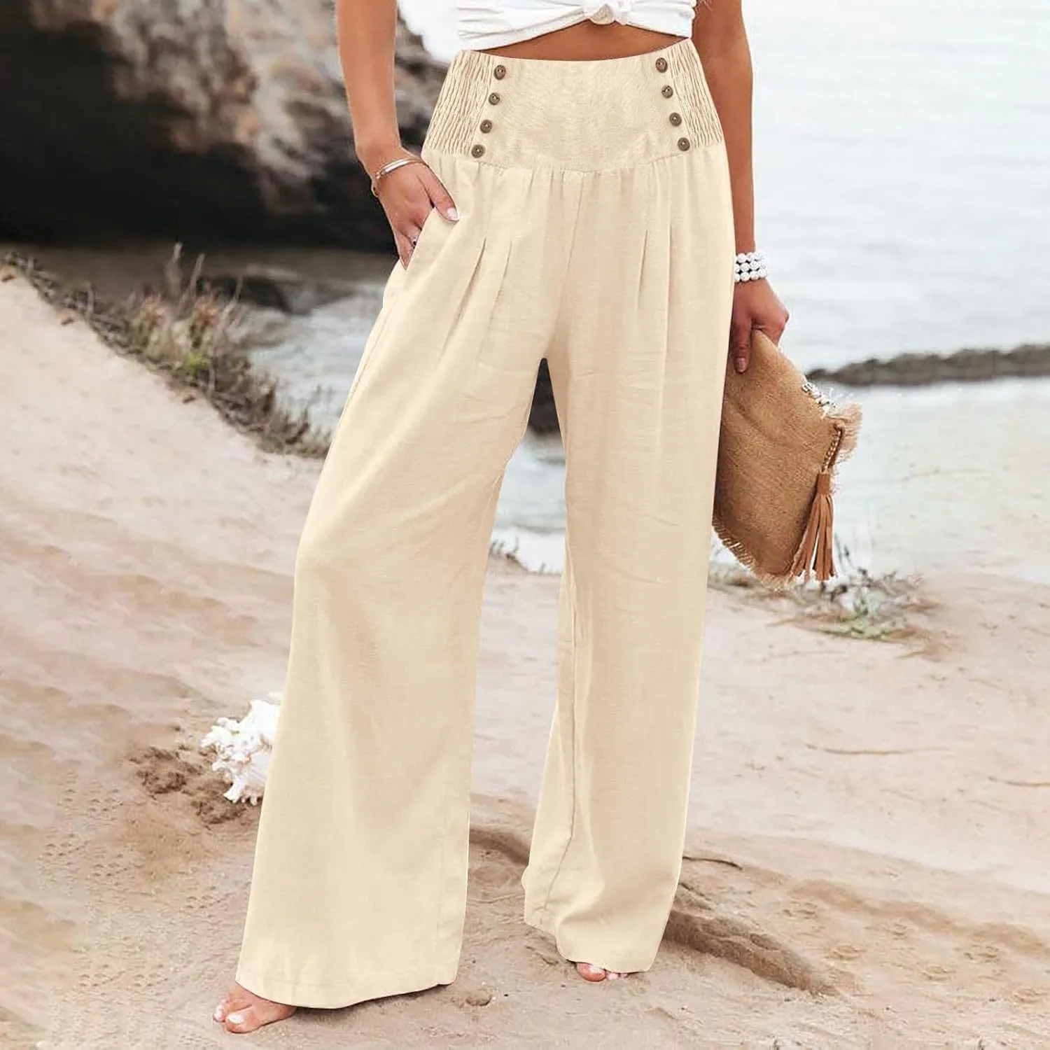 Comfy Pants Women Casual Long Elastic Waist Lounge Trousers Wide Leg Relax Fit Linen Vacation Palazzo Sweatpants