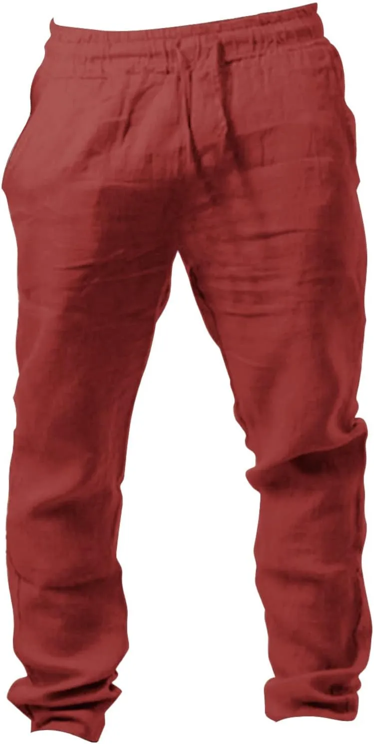 Cotton Linen Pants for Mens Casual Lightweight Loose Breathable Elastic Waist Drawstring Trousers Fashion Sweatpants