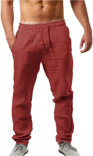 Cotton Linen Pants for Mens Casual Lightweight Loose Breathable Elastic Waist Drawstring Trousers Fashion Sweatpants