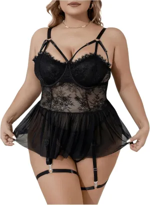 COZYEASE Women's Plus Size Teddy Lingerie Set Babydoll Sheer Lace Nightgown Mesh Chemise Sleepwear