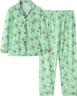 CYCHELRY Big Girls Cartoon Pajamas Set-2PCS Button Down Long Sleeve and Pants Teens PJS Set Size 6-16