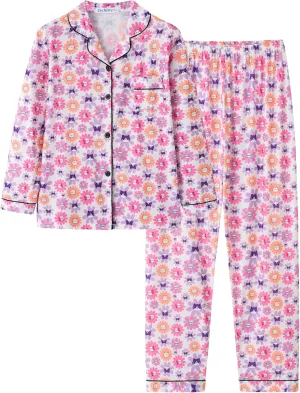 CYCHELRY Big Girls Cartoon Pajamas Set-2PCS Button Down Long Sleeve and Pants Teens PJS Set Size 6-16