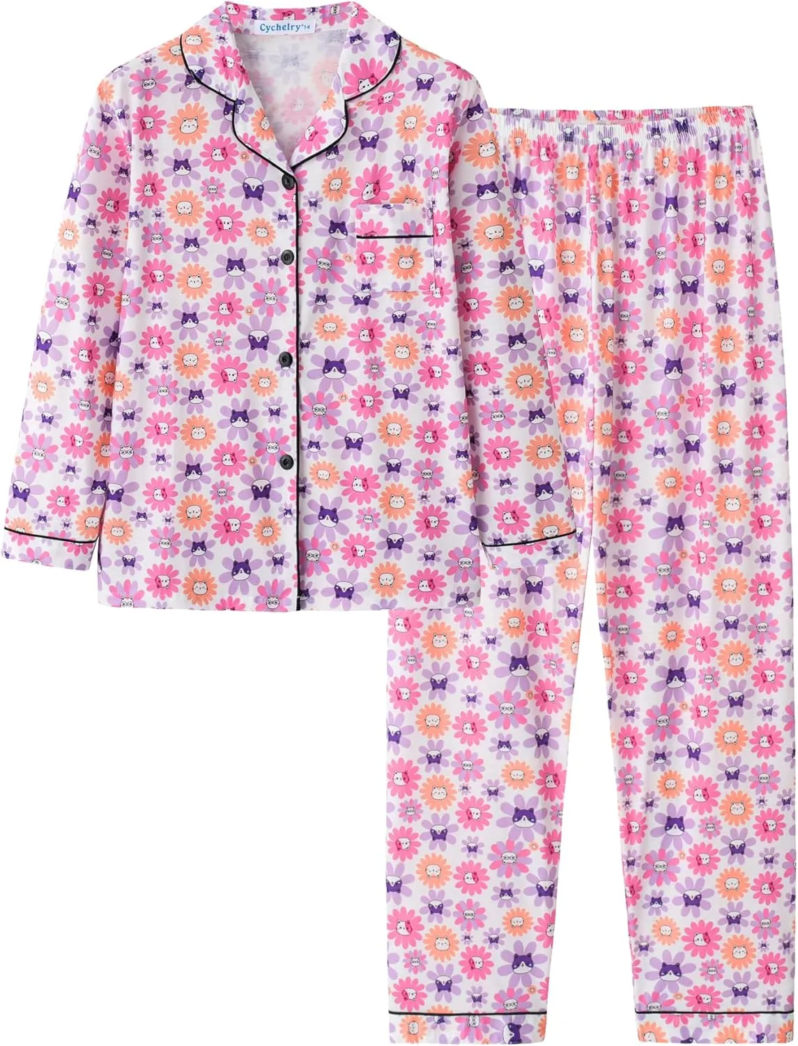 CYCHELRY Big Girls Cartoon Pajamas Set-2PCS Button Down Long Sleeve and Pants Teens PJS Set Size 6-16