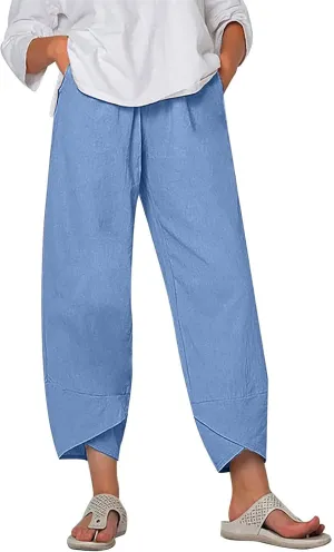DASAYO Linen Pants Women Trendy Elastic Waist Casual Pants with Pockets Lightweight Lounge Trousers Ladies Summer Outfits