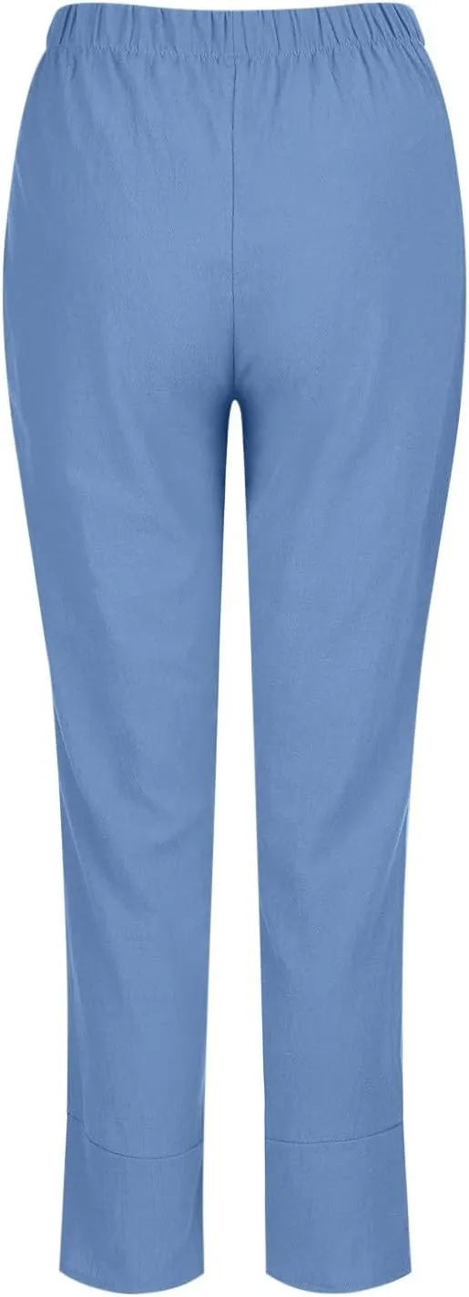 DASAYO Linen Pants Women Trendy Elastic Waist Casual Pants with Pockets Lightweight Lounge Trousers Ladies Summer Outfits