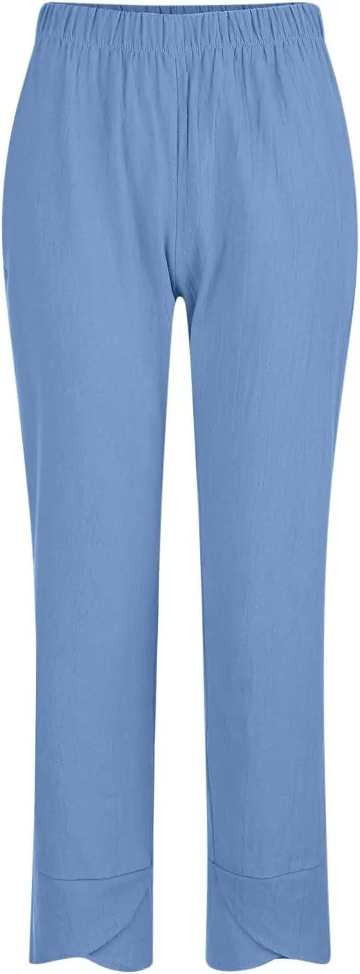 DASAYO Linen Pants Women Trendy Elastic Waist Casual Pants with Pockets Lightweight Lounge Trousers Ladies Summer Outfits
