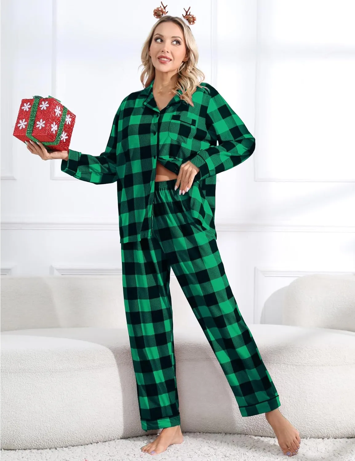 DIKFA Matching Couple Christmas Pajamas Set Long Sleeve Festival Party Sleepwear Xmas Pj Sets Button-Down Loungewear