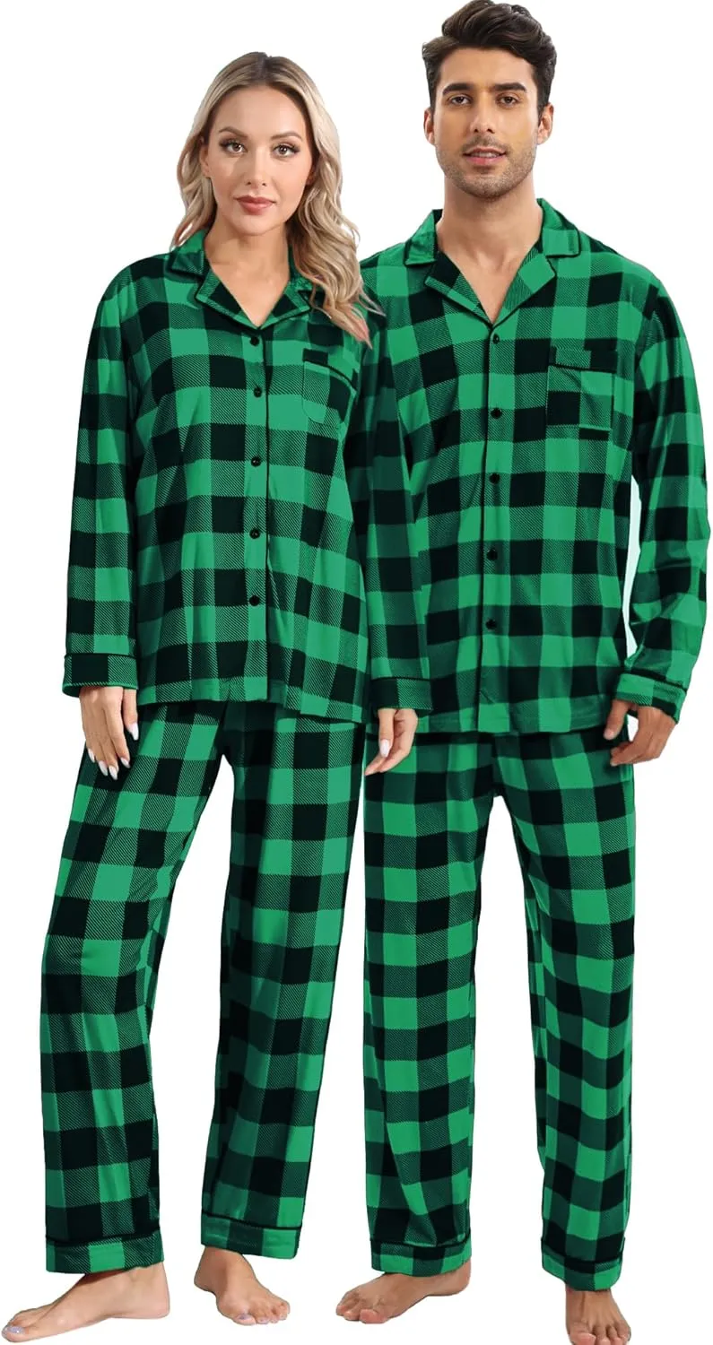 DIKFA Matching Couple Christmas Pajamas Set Long Sleeve Festival Party Sleepwear Xmas Pj Sets Button-Down Loungewear