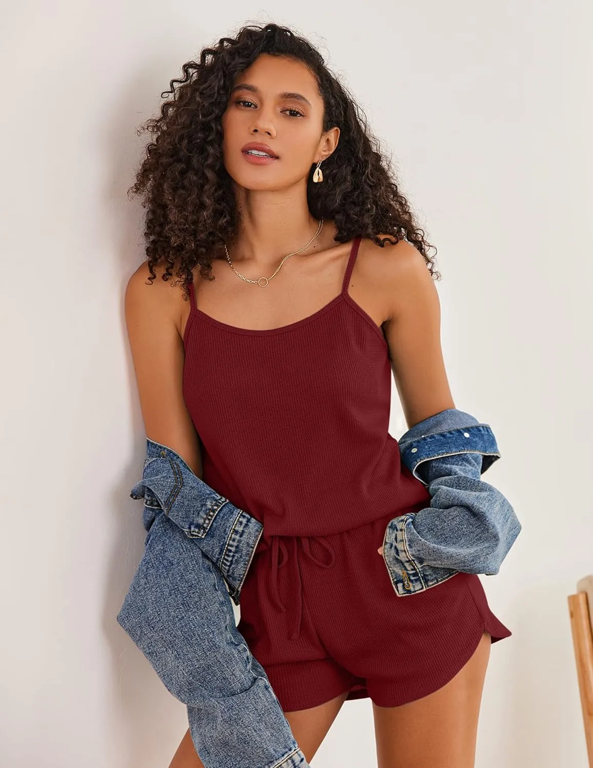 Ekouaer Pajamas for Women Soft Lingerie Sleepwear 2 Piece Cami Shorts Set Waffle Knit Pj Loungewear