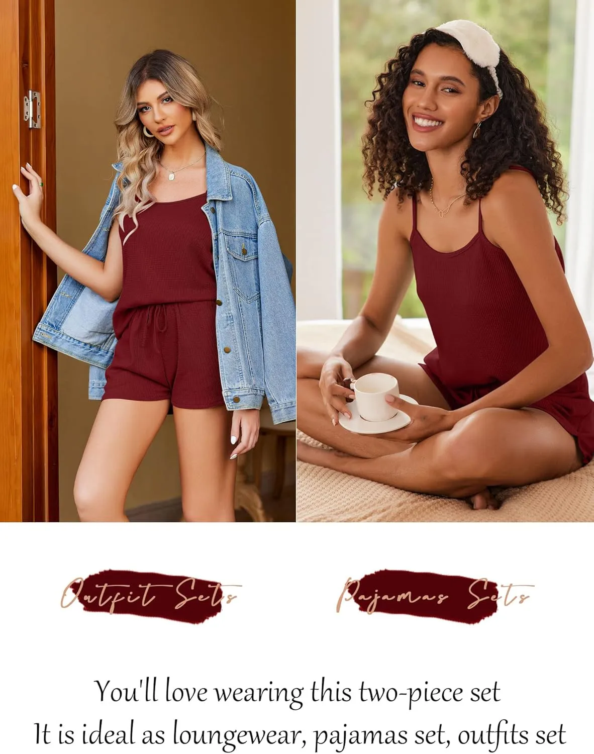 Ekouaer Pajamas for Women Soft Lingerie Sleepwear 2 Piece Cami Shorts Set Waffle Knit Pj Loungewear