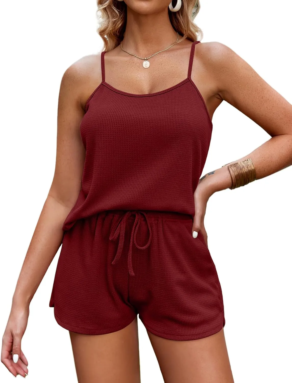 Ekouaer Pajamas for Women Soft Lingerie Sleepwear 2 Piece Cami Shorts Set Waffle Knit Pj Loungewear