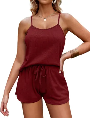 Ekouaer Pajamas for Women Soft Lingerie Sleepwear 2 Piece Cami Shorts Set Waffle Knit Pj Loungewear