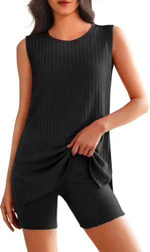Ekouaer Womens 2 Piece Lounge Set Ribbed Knit Pajamas Sleeveless Sleepwear Biker Shorts Loungewear Outfit S-XXL