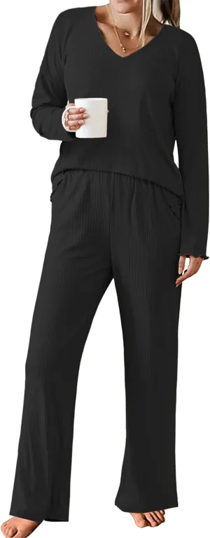 Ekouaer Womens Ribbed Knit Pajamas Set V Neck Long Sleeve Pj Set 2 Piece Loungewear Casual Sleepwear