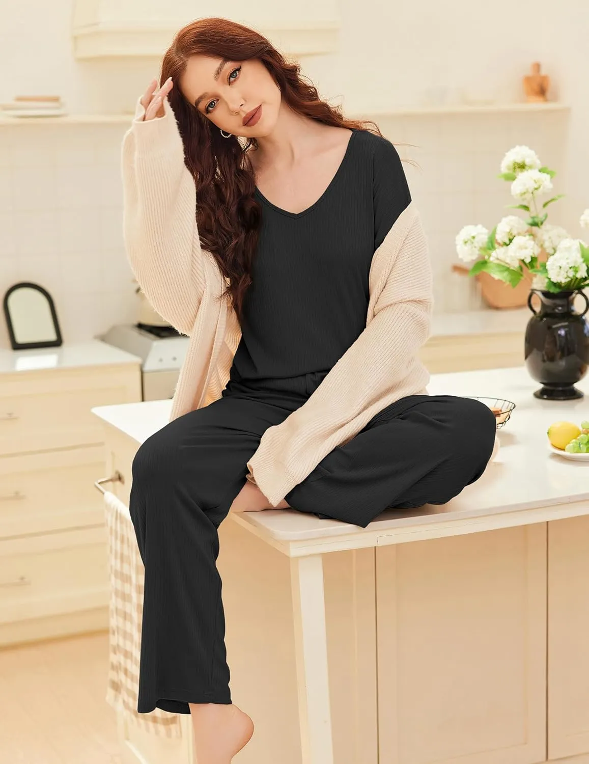 Ekouaer Womens Ribbed Knit Pajamas Set V Neck Long Sleeve Pj Set 2 Piece Loungewear Casual Sleepwear