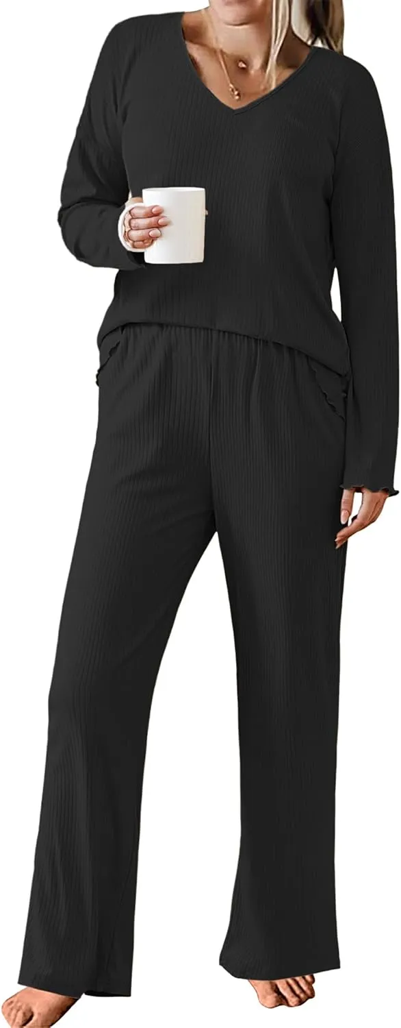 Ekouaer Womens Ribbed Knit Pajamas Set V Neck Long Sleeve Pj Set 2 Piece Loungewear Casual Sleepwear