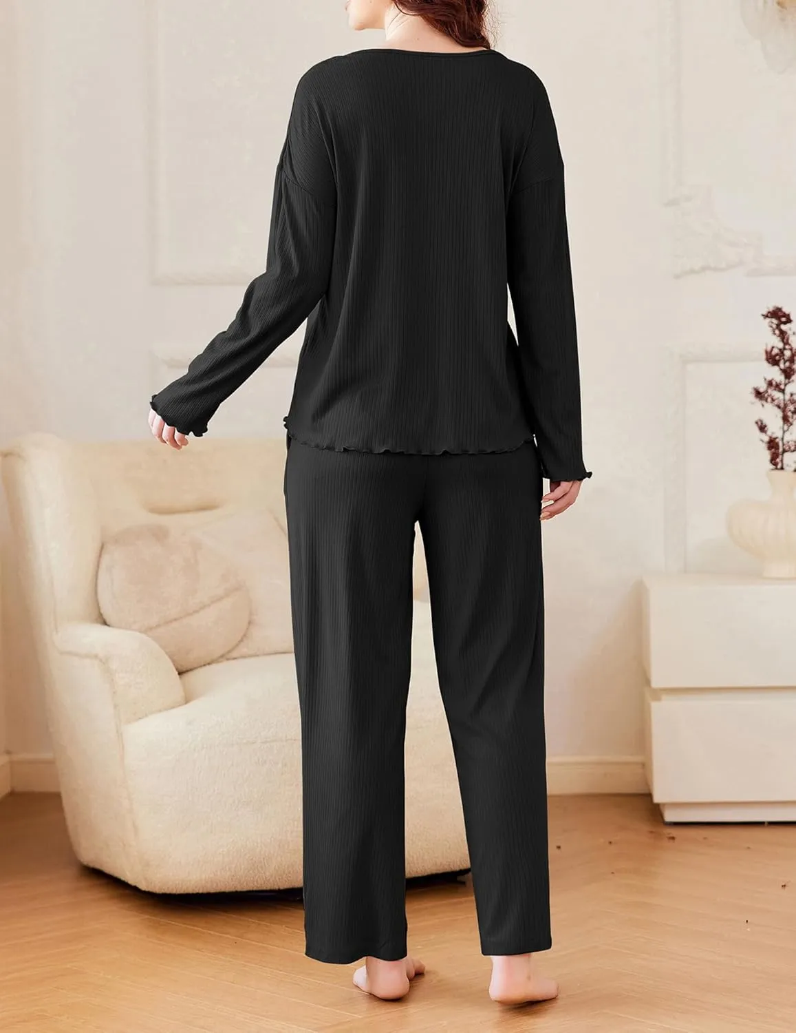 Ekouaer Womens Ribbed Knit Pajamas Set V Neck Long Sleeve Pj Set 2 Piece Loungewear Casual Sleepwear