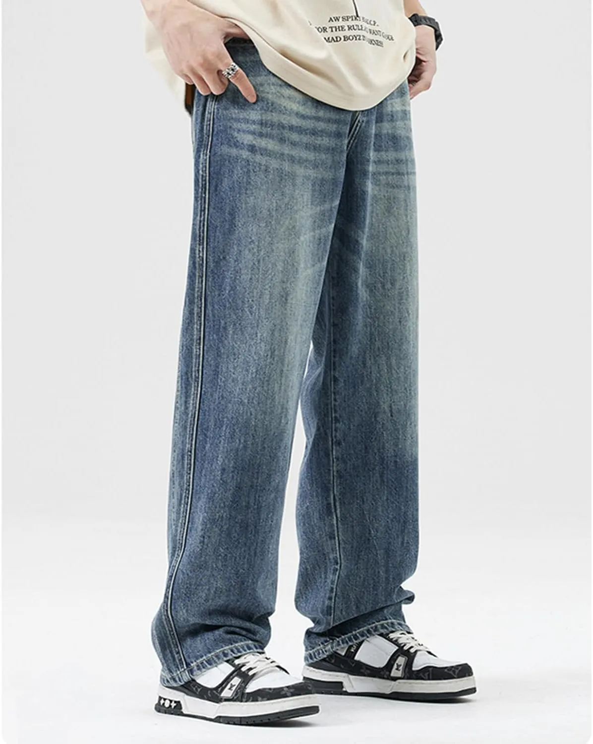 EnllerviiD Baggy Jeans for Men Relaxed Fit Straight Wide Leg Jean Casual Denim Pants