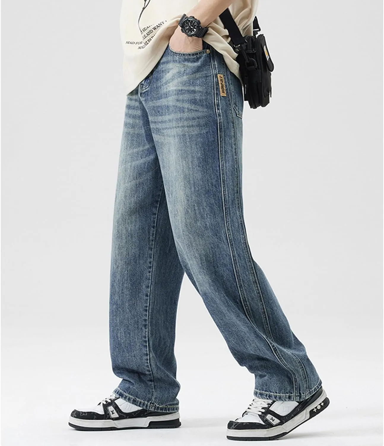 EnllerviiD Baggy Jeans for Men Relaxed Fit Straight Wide Leg Jean Casual Denim Pants