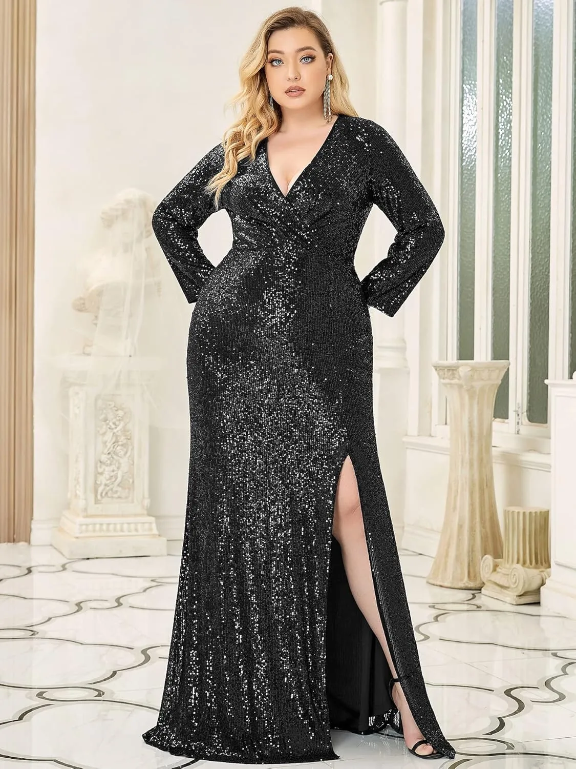 Ever-Pretty Women's Plus Size Long Sleeve Slit Sequin Maxi Evening Dresses 0824-PZUSA