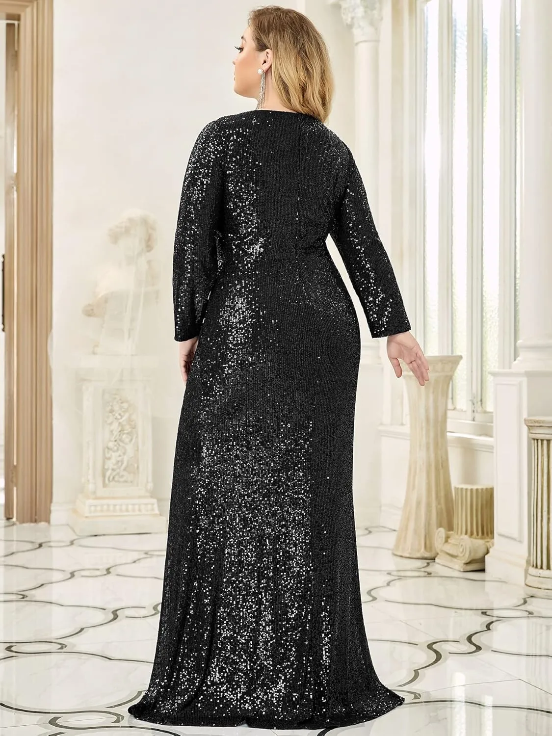 Ever-Pretty Women's Plus Size Long Sleeve Slit Sequin Maxi Evening Dresses 0824-PZUSA