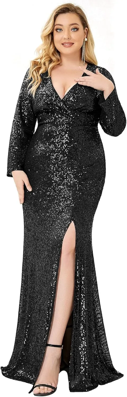 Ever-Pretty Women's Plus Size Long Sleeve Slit Sequin Maxi Evening Dresses 0824-PZUSA