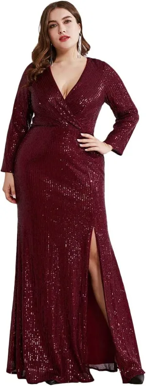 Ever-Pretty Women's Plus Size Long Sleeve Slit Sequin Maxi Evening Dresses 0824-PZUSA
