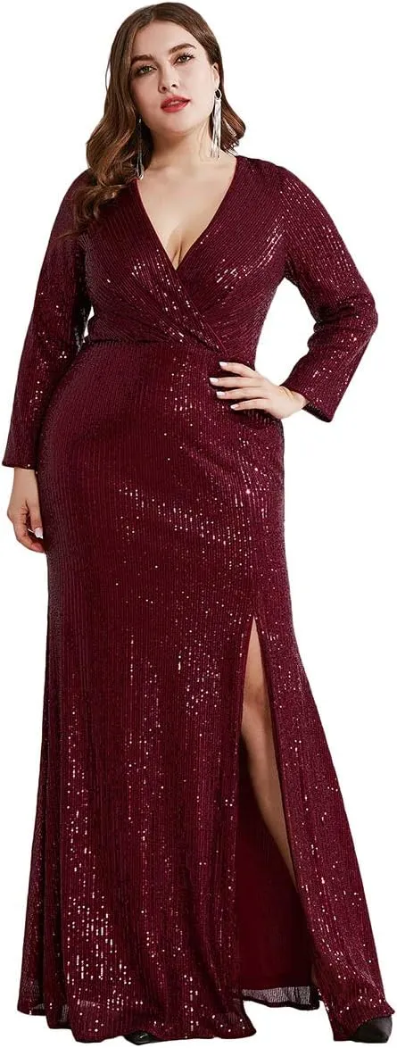 Ever-Pretty Women's Plus Size Long Sleeve Slit Sequin Maxi Evening Dresses 0824-PZUSA