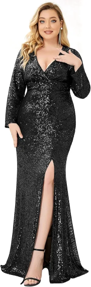 Ever-Pretty Women's Plus Size Long Sleeve Slit Sequin Maxi Evening Dresses 0824-PZUSA