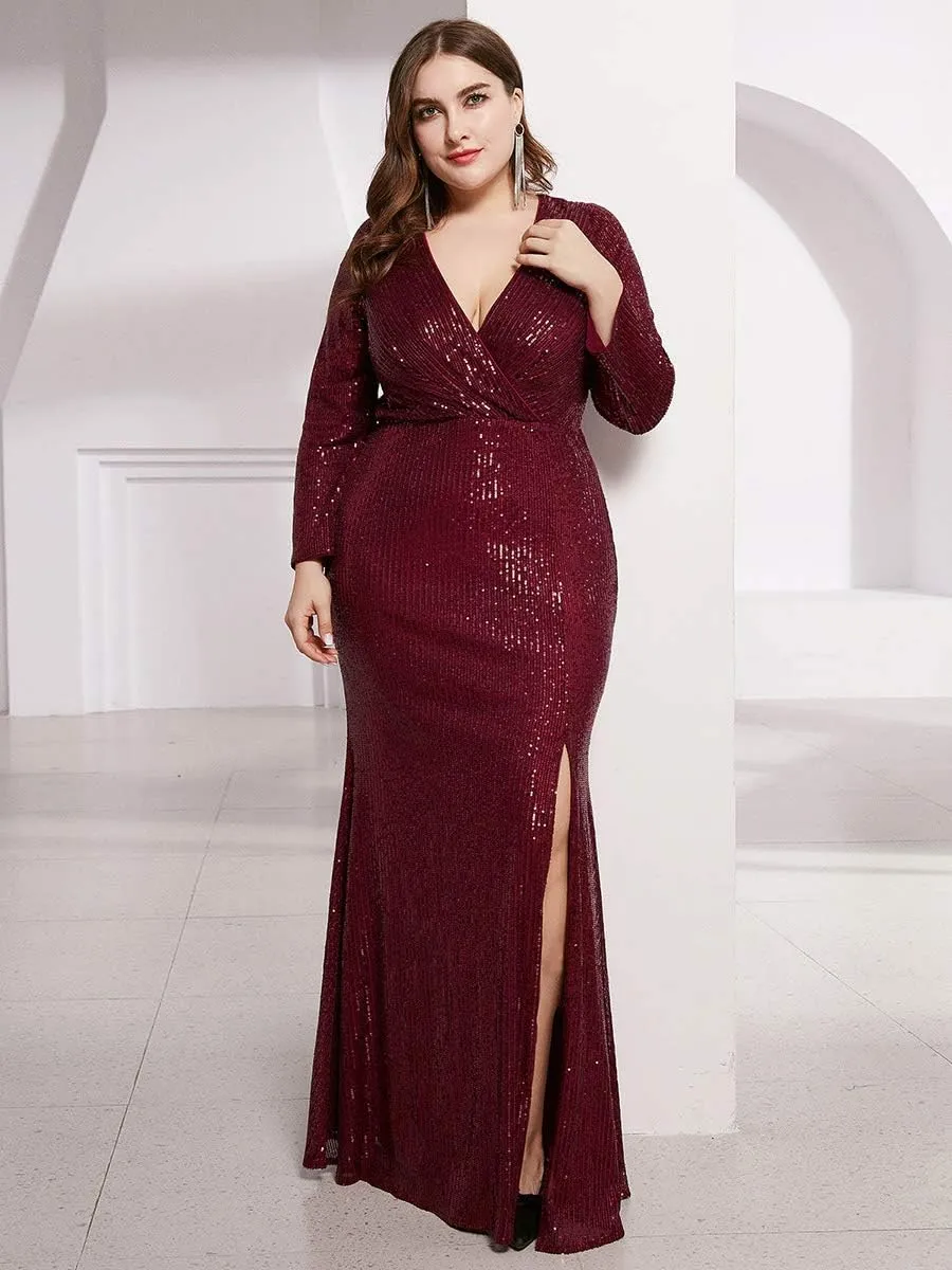 Ever-Pretty Women's Plus Size Long Sleeve Slit Sequin Maxi Evening Dresses 0824-PZUSA