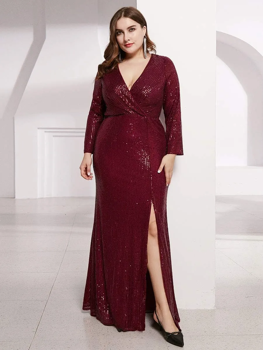 Ever-Pretty Women's Plus Size Long Sleeve Slit Sequin Maxi Evening Dresses 0824-PZUSA