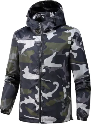 evzosrz Men's Camo Windbreaker - Lightweight Waterproof Rain Jacket, Zip Up Breathable Shell Hooded Outdoor Jackets Raincoat