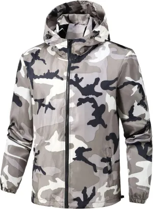 evzosrz Men's Camo Windbreaker - Lightweight Waterproof Rain Jacket, Zip Up Breathable Shell Hooded Outdoor Jackets Raincoat
