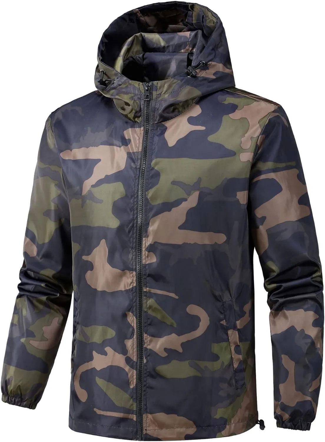 evzosrz Men's Camo Windbreaker - Lightweight Waterproof Rain Jacket, Zip Up Breathable Shell Hooded Outdoor Jackets Raincoat
